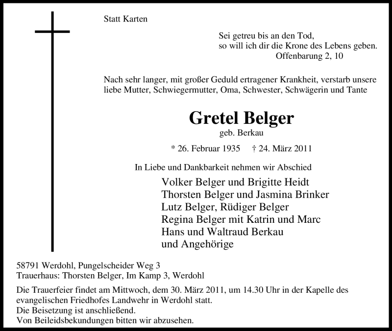  Traueranzeige für Gretel Belger vom 26.03.2011 aus Tageszeitung