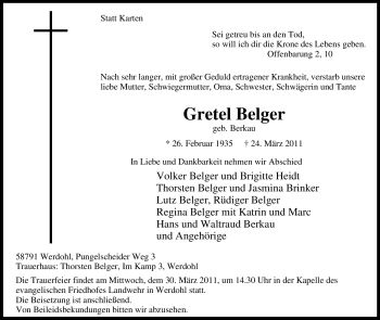 Traueranzeige von Gretel Belger von Tageszeitung