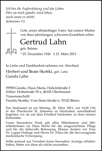 Traueranzeige von Gertrud Lahn von Tageszeitung