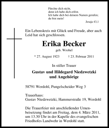 Traueranzeige von Erika Becker von Tageszeitung