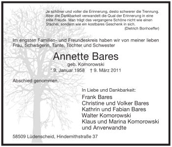 Traueranzeige von Annette Bares von Tageszeitung