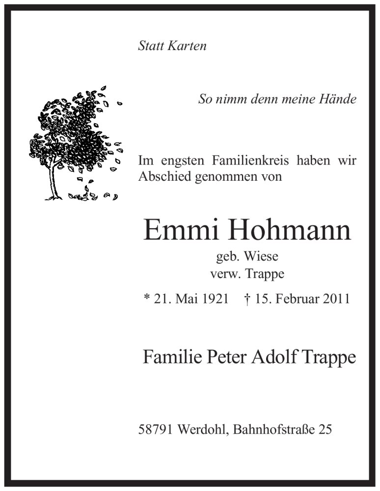  Traueranzeige für Emmi Hohmann vom 19.03.2011 aus Tageszeitung