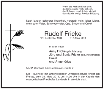 Traueranzeige von Rudolf Fricke von Tageszeitung