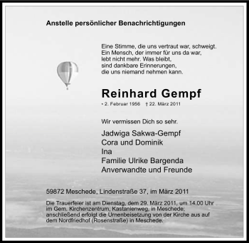 Traueranzeige von Reinhard Gempf von Tageszeitung