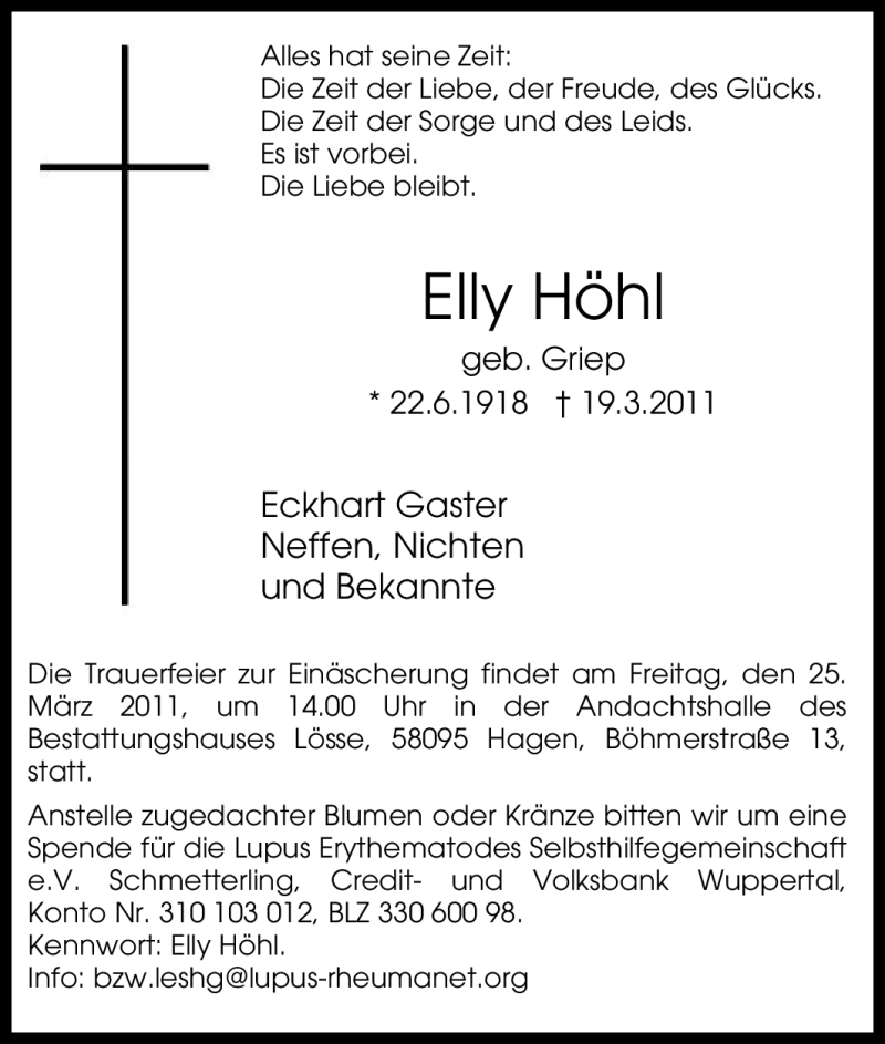  Traueranzeige für Elly Höhl vom 23.03.2011 aus Tageszeitung