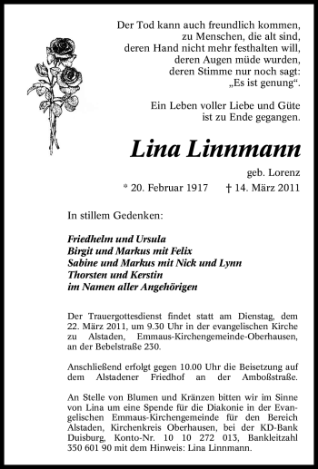 Traueranzeige von Lina Linnmann von Tageszeitung