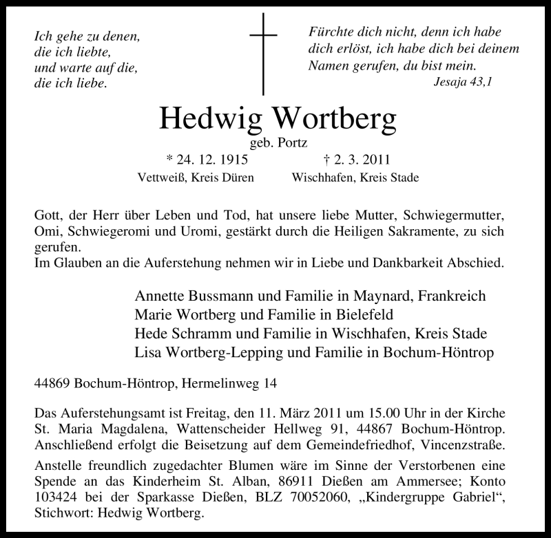  Traueranzeige für Hedwig Wortberg vom 05.03.2011 aus Tageszeitung