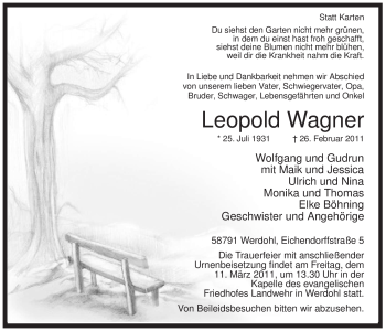 Traueranzeige von Leopold Wagner von Tageszeitung