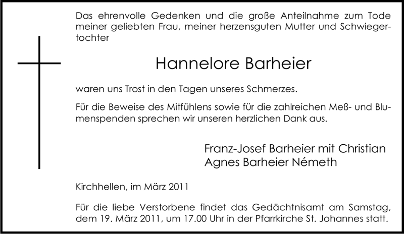  Traueranzeige für Hannelore Barheier vom 16.03.2011 aus Tageszeitung