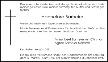 Traueranzeige von Hannelore Barheier von Tageszeitung
