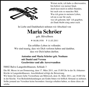 Traueranzeige von Maria Schröer von Tageszeitung