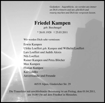 Traueranzeige von Friedel Kampen von Tageszeitung