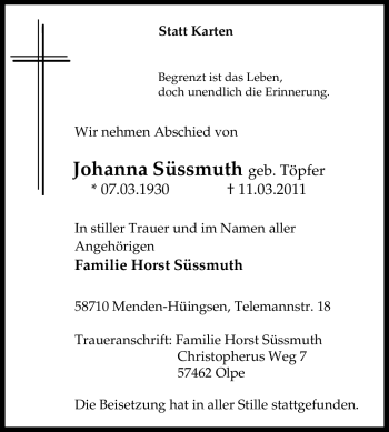 Traueranzeige von Johanna Süssmuth von Tageszeitung