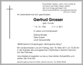 Traueranzeige von Gertrud Grosser von Tageszeitung