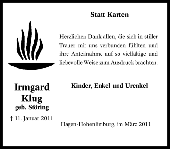 Traueranzeige von Irmgard Klug von Tageszeitung