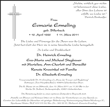 Traueranzeige von Evmarie Ermeling von Tageszeitung