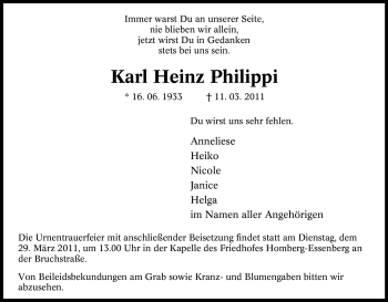 Traueranzeige von Karl Heinz Philippi von Tageszeitung