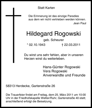 Traueranzeige von Hildegard Rogowski von Tageszeitung