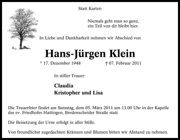 Traueranzeige von Hans-Jürgen Klein von Tageszeitung