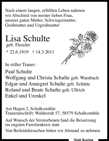 Traueranzeige von Lisa Schulte von Tageszeitung