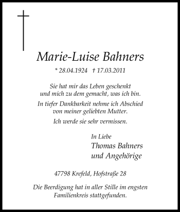 Traueranzeige von Marie-Luise Bahners von Tageszeitung