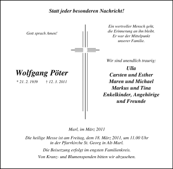 Traueranzeige von Wolfgang Pöter von Tageszeitung