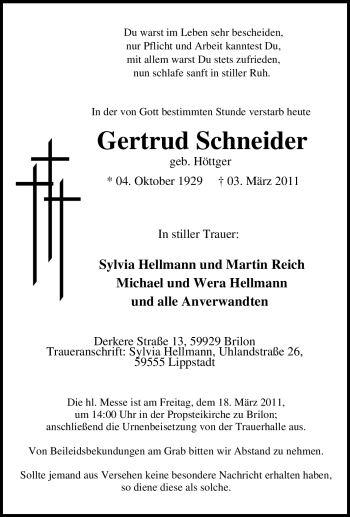 Traueranzeige von Gertrud Schneider von Tageszeitung