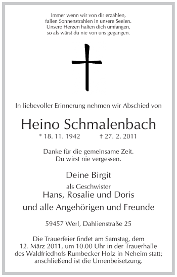 Traueranzeige von Heino Schmalenbach von Tageszeitung