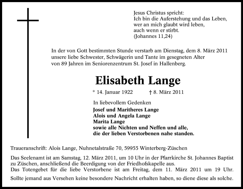  Traueranzeige für Elisabeth Lange vom 10.03.2011 aus Tageszeitung