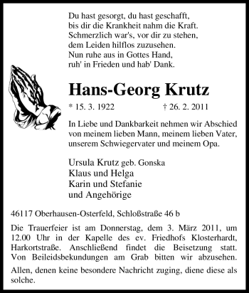 Traueranzeige von Hans-Georg Krutz von Tageszeitung