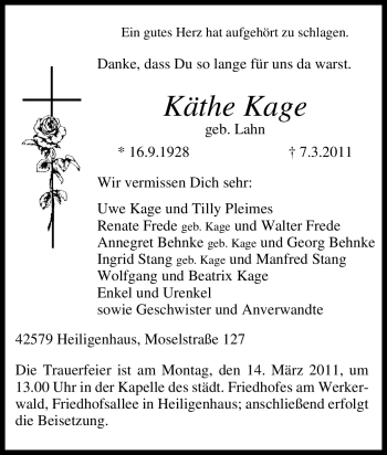 Traueranzeige von Käthe Kage von Tageszeitung