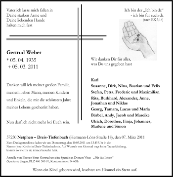Traueranzeige von Gertrud Weber von Tageszeitung