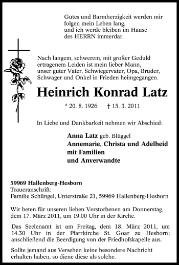 Traueranzeige von Heinrich Konrad Latz von Tageszeitung