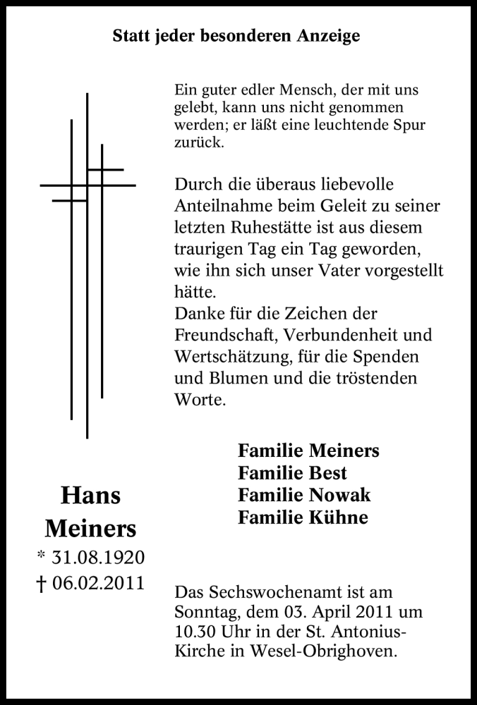  Traueranzeige für Hans Meiners vom 26.03.2011 aus Tageszeitung