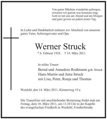 Traueranzeige von Werner Struck von Tageszeitung