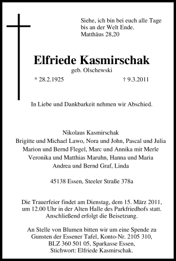 Traueranzeige von Elfriede Kasmirschak von Tageszeitung