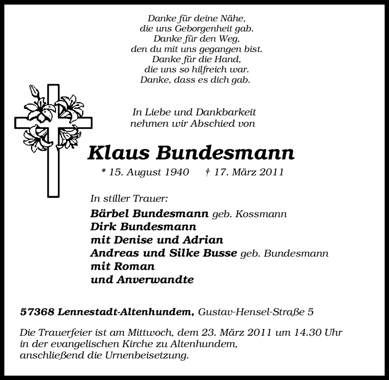  Traueranzeige für Klaus Bundesmann vom 19.03.2011 aus Tageszeitung