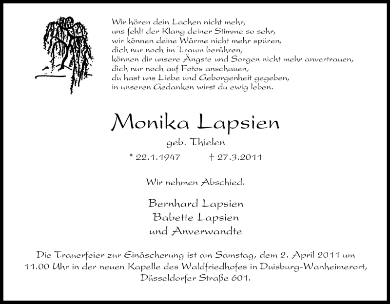  Traueranzeige für Monika Lapsien vom 29.03.2011 aus Tageszeitung