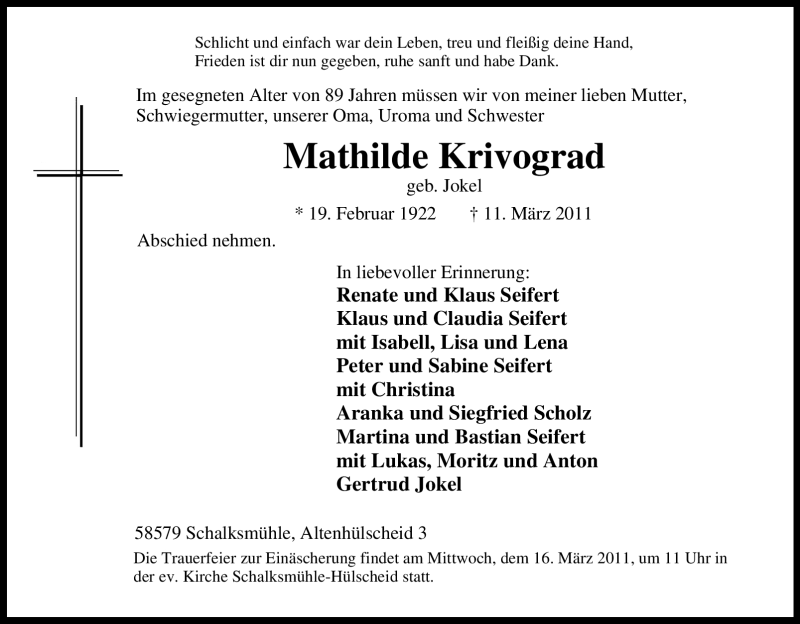  Traueranzeige für Mathilde Krivograd vom 12.03.2011 aus Tageszeitung