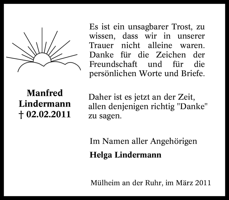  Traueranzeige für Manfred Lindermann vom 05.03.2011 aus Tageszeitung