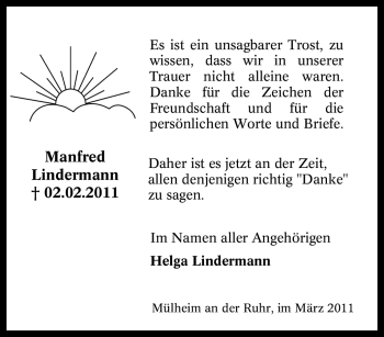 Traueranzeige von Manfred Lindermann von Tageszeitung