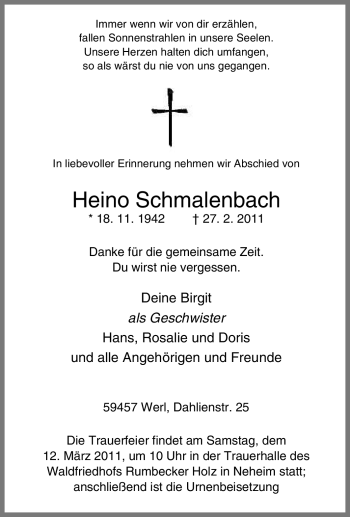 Traueranzeige von Heino Schmalenbach von Tageszeitung