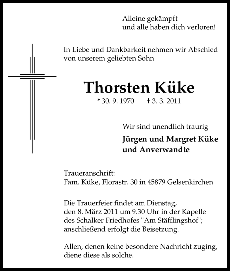  Traueranzeige für Thorsten Küke vom 05.03.2011 aus Tageszeitung
