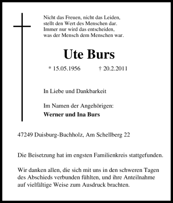 Traueranzeige von Ute Burs von Tageszeitung