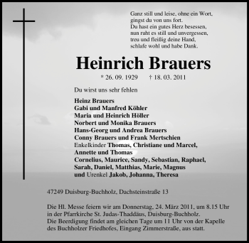 Traueranzeige von Heinrich Brauers von Tageszeitung