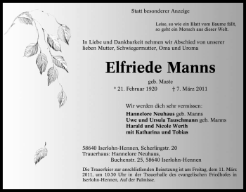 Traueranzeige von Elfriede Manns von Tageszeitung