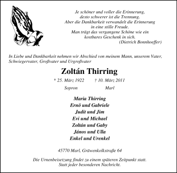 Traueranzeige von Zoltán Thirring von Tageszeitung