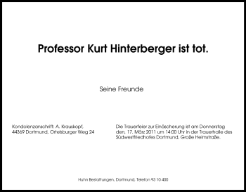 Traueranzeige von Kurt Hinterberger von Tageszeitung