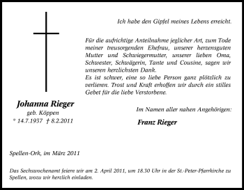 Traueranzeige von Johanna Rieger von Tageszeitung