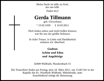 Traueranzeige von Gerda Tillmann von Tageszeitung